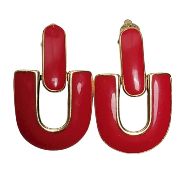 Trifari Gold Tone Red Enamel Door Knocker Hinged Clip On Earrings, Signed - Picture 7 of 7